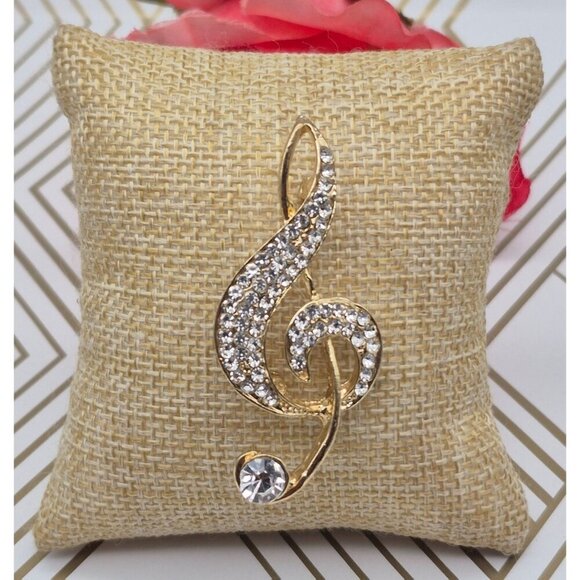 Beautiful Gold Tone & Crystal Paved Music Note Brooch Pin 2.25" Musician's Gift - Picture 3 of 5